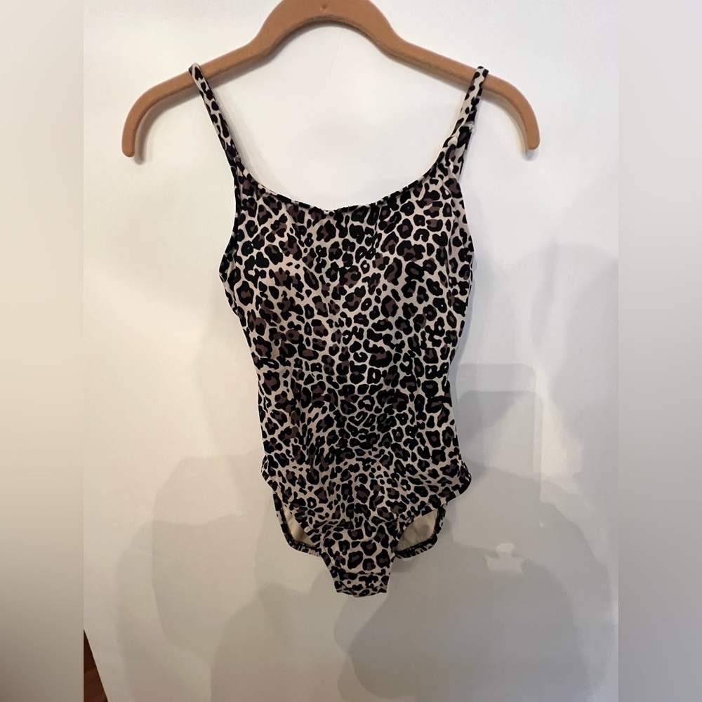 AQUA GREEN LEOPARD PRINT CRISS CROSS BACK ONE PIECE SWIM SUIT. SIZE SMALL